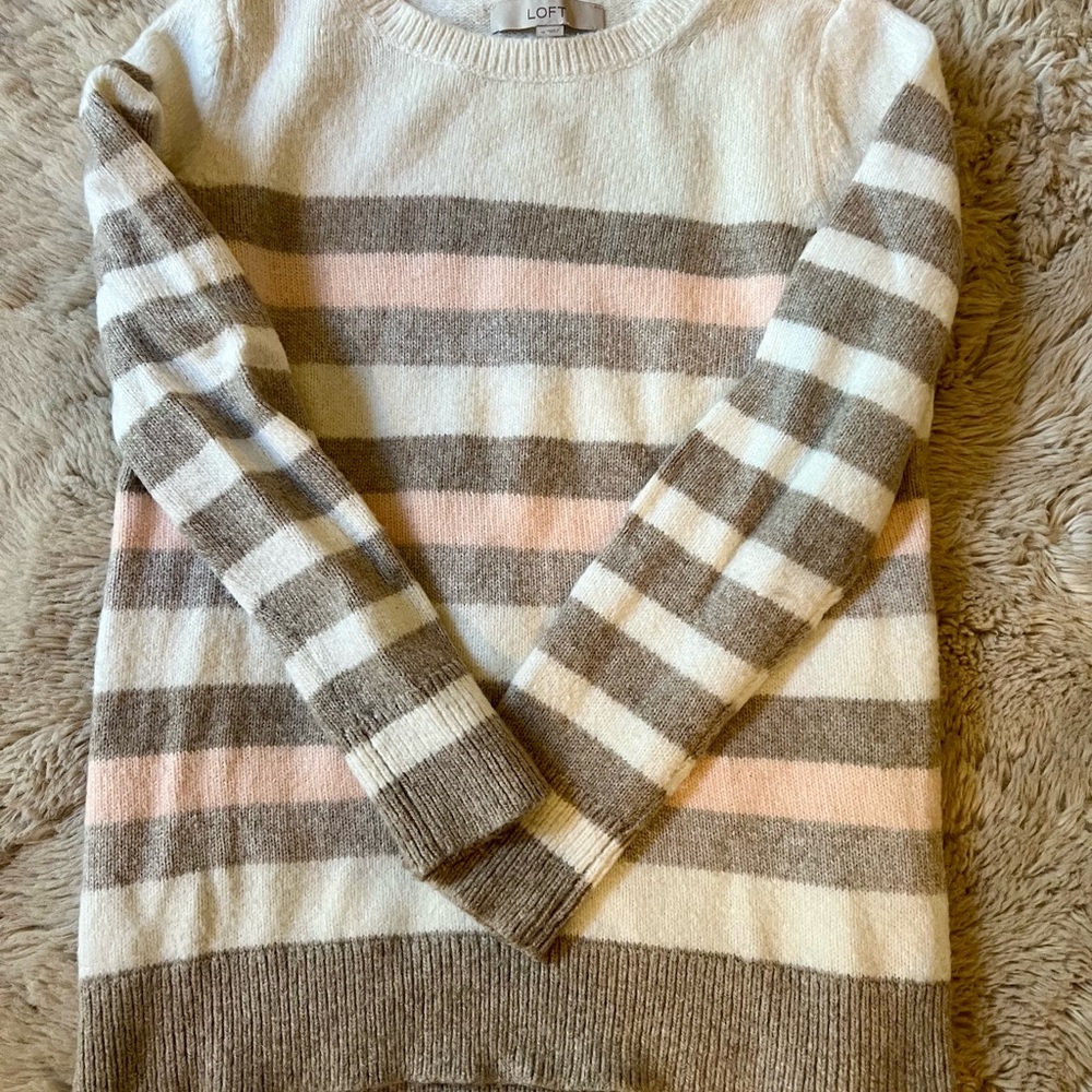 LOFT Striped Crew Neck Sweater in Cream, Pink, and Gray
